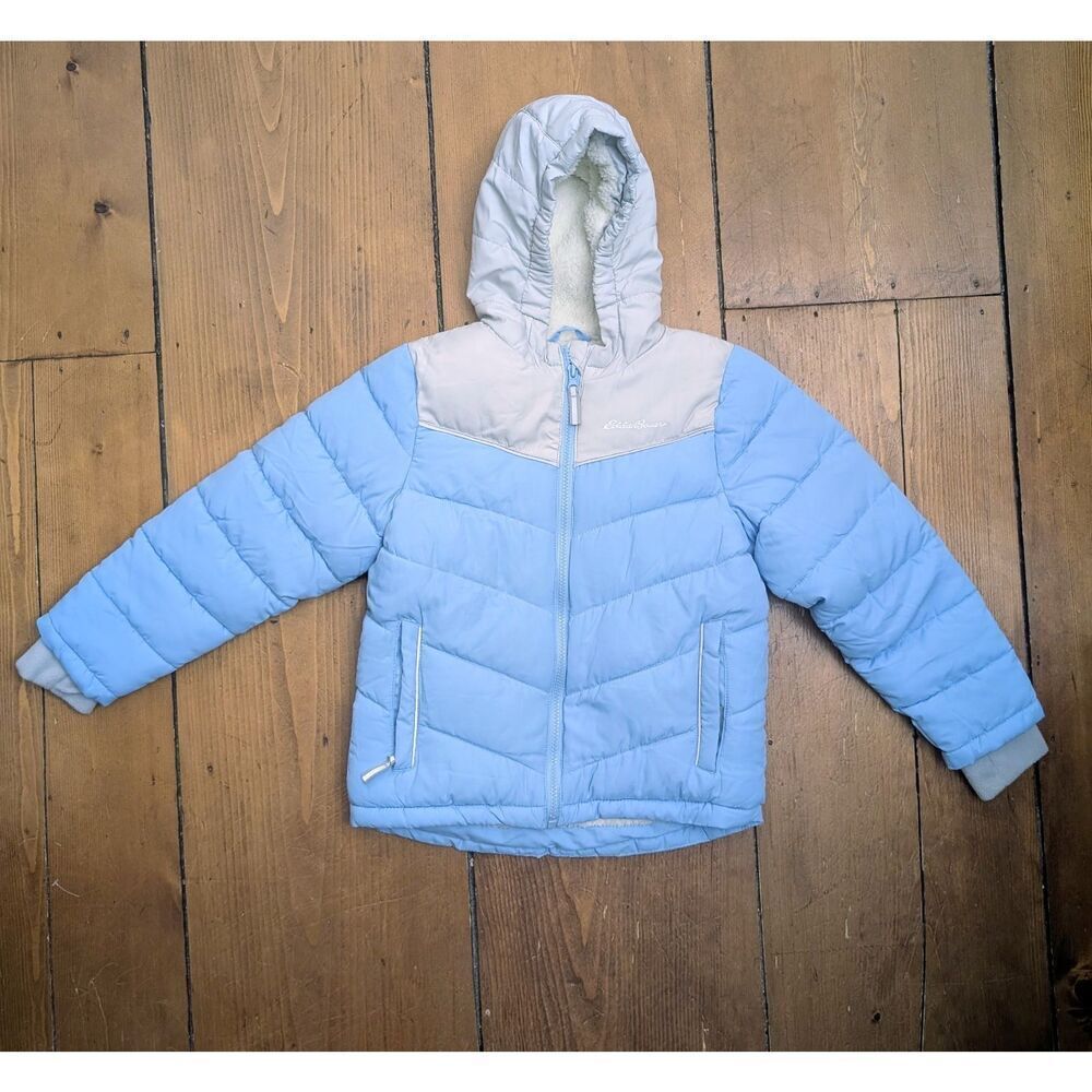 Eddie Bauer Girls Faux Shearling Lined Puffer Jacket Blue Bell Size 6 NWOT